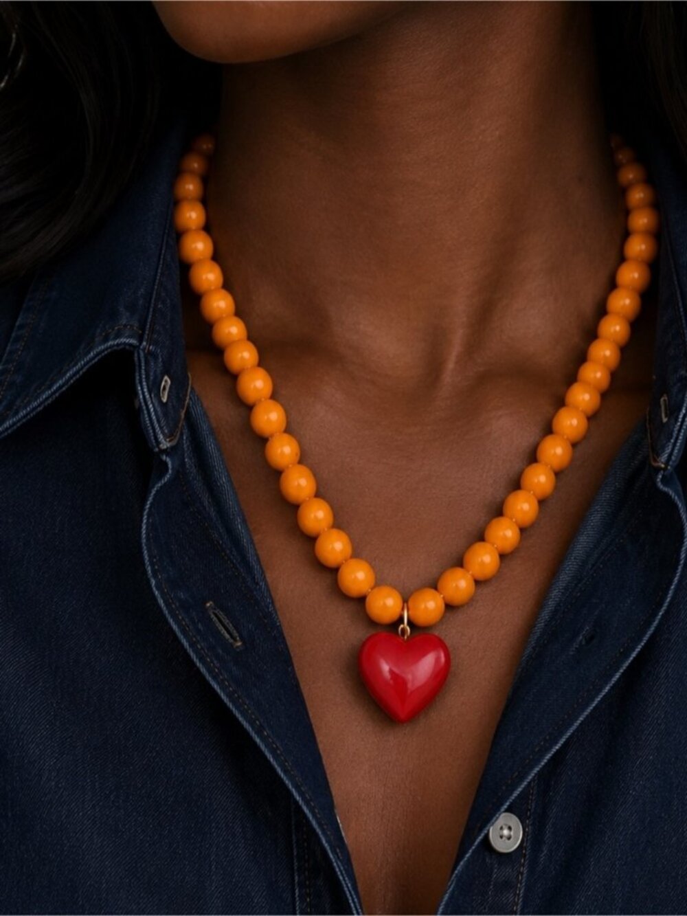 New! Y2K Tangerine Beaded Red Heart Dopamine Necklace NWOT 1033